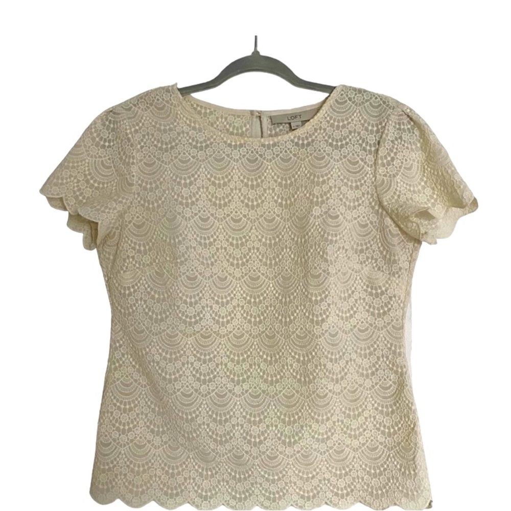 Ann Taylor LOFT Top Short Sleeve Women Lacy Scallopped Edge, Creamy/Off White